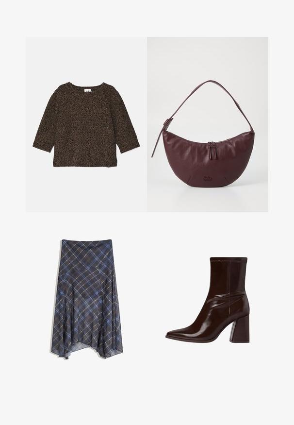 Rjav, teksturiran pletenic z rokavi do tri četrtine, širokim izrezom in rebrastim robom. Mehka tkanina s prijetnim videzom.; Črna karirana krila z modrimi in rjavimi črtami, tekoče oblikovanje, srednje dolžine, izdelano iz lahkega materiala z gladko teksturo.; Rjave lakirane gležnjerice s šiljastim prstom, elastičnim gležnjem i chunky blok petom. Elegantno dizajnirane s glatkom teksturom.; Bordo usnjeni ročni torbici s krivuljasto obliko, z zadrgo, dvema zategoma in kratko naramnico. Podrobnosti vključujejo embosirano logotip.