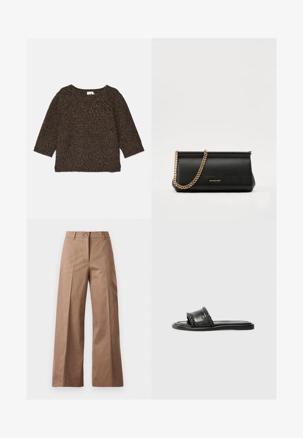 Barna, textúrált kötött pulóver háromnegyedes ujjakkal, széles nyakkivágással és bordázott aljjal. Puha anyag, amely kényelmes megjelenésű.; Barna, bőszárú nadrág sima anyagból, elülső gombos zárással, két elülső zsebbel és tiszta, szabott vonalakkal.; Fekete bőr szandál szőtt pánt részlettel, lapos talppal és letisztult dizájnnal. Sima textúra és minimalista profil.; Fekete bőr kisméretű táska arany lánccal, sima felülettel, téglalap alakú, és dombornyomott márkázással az elején.