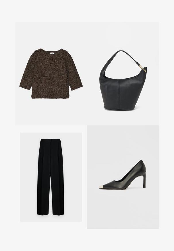 Brun, teksturert strikkegenser med trekvart-ermer, vid hals og ribbestrikket nederkant. Mykt materiale med et koselig utseende.; Svart vide bukser med høy livhøyde, med folder og en glatt tekstur. Stoffet virker lett og faller elegant.; Svart lærsko med høye hæler, spiss tå og metallisk sølvhette. Har en glatt finish og en slank hæl på 10 cm.; Svart lærveske med en rund form, bred stropp og strukturert overflate. Har en subtil sømdetalj og gullfarget beslag.