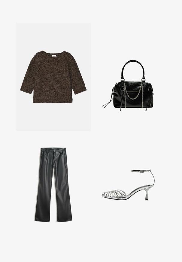 Pulover tricotat maro, cu textură, cu mâneci trei sferturi, decolteu larg și tiv cu nervuri. Material moale cu un aspect confortabil.; Pantaloni flared din piele ecologică neagră, cu o textură netedă, design cu cinci buzunare, fermoar frontal și cusături contrastante.; Sandale argintii cu barete, cu un toc mic, prezentând mai multe barete împletite, o bandă pentru glezna cu cataramă și o textură netedă, strălucitoare.; Bershka WITH CHAIN - Geantă de mână - black