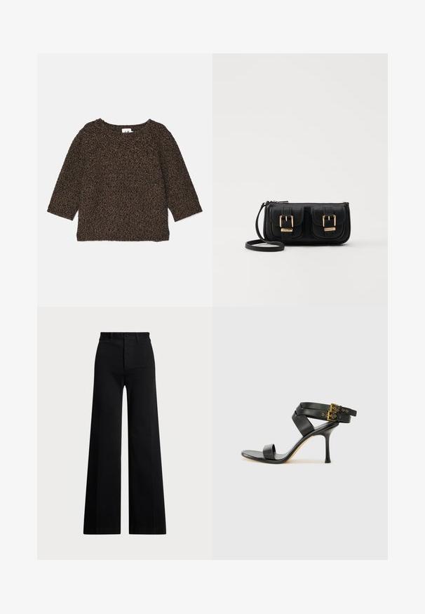 Brun, teksturert strikkegenser med trekvart-ermer, vid hals og ribbestrikket nederkant. Mykt materiale med et koselig utseende.; Svart brede benbukser laget av vevd stoff, med høy midje, frontlukking med knapp og sidelommer. Glatt tekstur med rene linjer.; Svarte hælsandaler med kryssende stropper og justerbar spenne. Har en jevn tekstur og avsmalnende stilettoklakk.; Svart skinn crossbody veske med to frontlommer, gyldne spenner, glidelåslukking og en slank stropp. Teksturert overflate og kompakt rektangulær form.