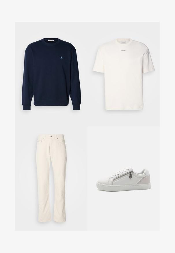 Tums zilas džemperis no kokvilnas maisījuma ar ribotām piedurknēm un apakšmalu. Uz krūtīm ir neliels gaiši zils logotips. Klasiska apaļa kakla dizains.; Balta kokvilnas T-kreklu ar apaļu kaklu, īsām piedurknēm un izšūtu "Calvin Klein" logotipu krūšu centrā. Vienkāršs dizains.; Bēšas kokvilnas džinsu bikses ar klasisku taisno kāju dizainu, kas iekļauj priekšējo pogu aizdari, piecus kabatas un smalkas šuvju detaļas.; Baltas sneakers, kas izgatavoti no gludas ādas, ar kontrastējošu bēša zamšādas akcentu uz papēža un sānu rāvējslēdzēju.