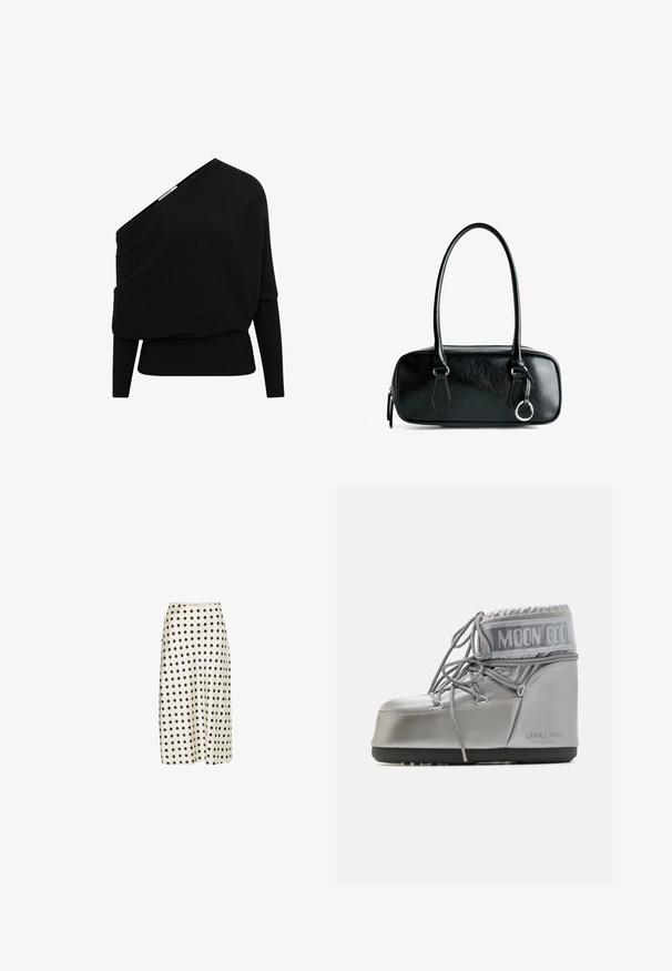 Pull noir côtelé avec un design asymétrique décolleté, des manches longues et un tissu texturé. Présente un ourlet inférieur ajusté.; Haut noir à manches longues en tissu doux. Présente un décolleté en V profond avec une bordure en dentelle festonnée et une silhouette ajustée. Pas de motifs visibles.; Jupe midi en tissu lisse blanc cassé avec de grands pois noirs, présentant une silhouette évasée et une taille confortable.; Botte étanche argentée avec une forme arrondie, une finition texturée et des lacets gris. Présente un logo "MOON BOOT" prominent sur la partie supérieure.; Sac à main en cuir noir de forme rectangulaire, texture lisse, avec deux poignées et des accents en métal argenté. Il dispose d'une fermeture éclair et de détails de couture.