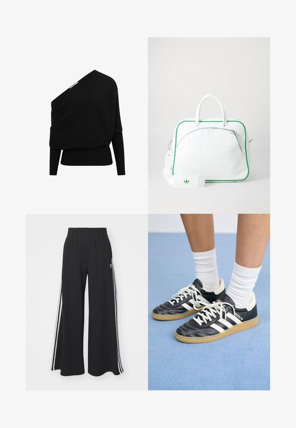 Čierny rebrovaný pulóver s asymetrickým dizajnom na jednom ramene, dlhými rukávmi a textúrovanou tkaninou. Obsahuje priliehavý dolný lem.; Čierne široké teplákové nohavice s elastickým pásom, so bielymi bočnými prúžkami a výšivkou loga na ľavom stehne.; Čierne kožené tenisky s bielymi pruhmi, okrúhlou špičkou, bielymi šnúrkami a gumovou podrážkou. Vyzdvihujú ich vypchávkovaný golier a detaily s logom.; Bielo-kožená taška s zeleným lemovaním, s výrazným embosovaným logom, dvojitými rúčkami, odnímateľným popruhom a prednou vreckom na zips.