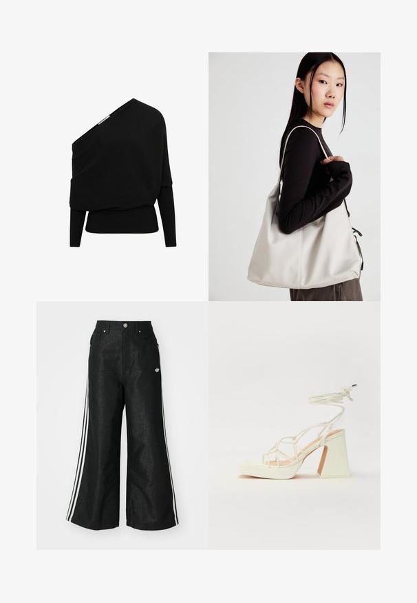 Pulover negru cu o croială asimetrică, de tip off-shoulder, mâneci lungi și material texturat. Dispune de o margine inferioară ajustată.; Pantaloni din denim negri, cu croi evazat, având trei dungi albastre pe fiecare parte și un mic logo alb. Dispune de buzunare frontale și închidere cu buton.; Sandale albe cu toc înalt și gros, cu un design cu curele și legătură la gleznă. Textură netedă, cu o platformă frontală pentru înălțime suplimentară.; Geantă bej din material moale, cu un design lejer, detalii cusute și două bretele pentru umăr. Potrivită pentru utilizarea zilnică.
