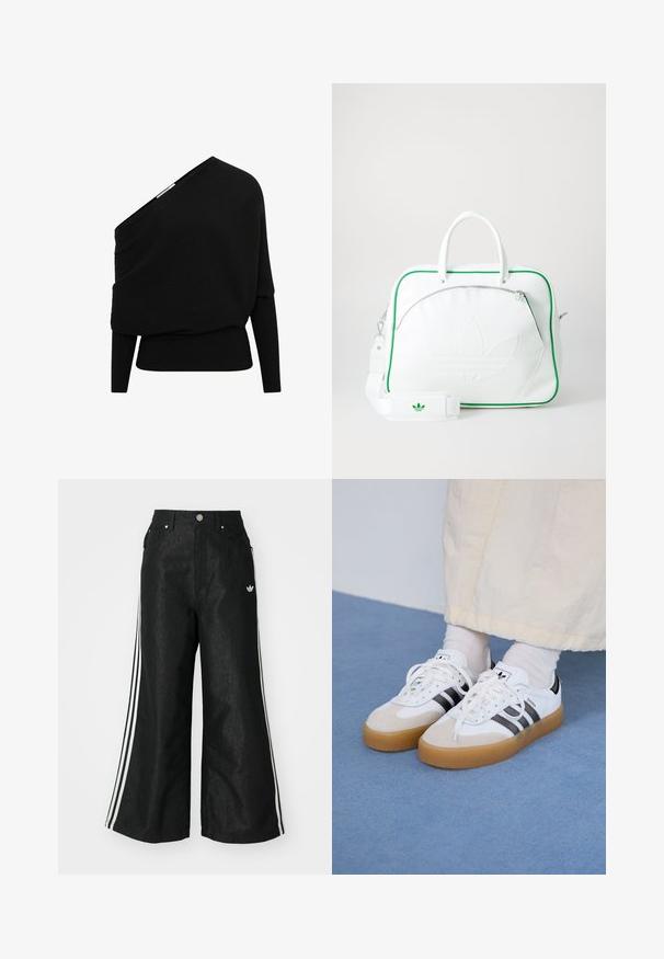 Schwarzer, gerippter Pullover mit asymmetrischem One-Shoulder-Design, langen Ärmeln und strukturiertem Stoff. Verfügt über einen taillierten Saum.; Schwarze, weit geschnittene Jeans mit drei weißen Streifen an jeder Seite und einem kleinen weißen Logo. Mit vorderen Taschen und einem Knopfverschluss.; Weiße Sneaker mit schwarzen Streifen und beigen Wildlederakzenten. Besitzen eine strukturierte Gummisohle und flache weiße Schnürsenkel, getragen mit hellen Socken.; Weiße Lederhandtasche mit grünen Akzenten, ausgestattet mit einem auffälligen geprägten Logo, zwei Griffen, einem abnehmbaren Schulterriemen und einer Reißverschlusstasche auf der Vorderseite.