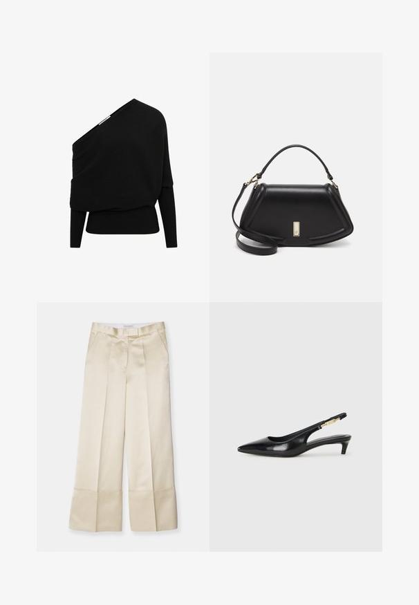 Melnā rievotā džemperī ar asimetrisku atsegtu plecu dizainu, garām piedurknēm un teksturētu audumu. Tam ir pieguļošs apakšmalas dizains.; Bēšas platās bikses no gludas auduma ar augstu jostasvietu, ar krokām priekšpusē un salocītu apakšmalu, kurām ir sānu kabatas un tīra apdare.; Melnas ādas slingback zābaki ar smailu purngalu, ar šauru papēdi un zelta krāsas akcentu uz regulējama siksniņas. Gluda tekstūra.; Melnas ādas roku soma ar struktūru, ar īsu formu, augšējo rokturi un zelta aksesuāriem. Iekļauta regulējama plecu siksna.