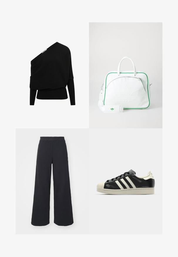 Černý žebrovaný pulovr s asymetrickým designem okolo ramen, dlouhými rukávy a texturovanou tkaninou. Obsahuje přiléhavý spodní lem.; Černé široké tepláky vyrobené z měkké tkaniny, s elastickým pasem a malým logem na levé straně.; Černé kožené sneakers s bílými pruhy, gumovou špičkou, černými tkaničkami a krémovou podešví. Hladký povrch s lesklým finišem.; Bílá kožená taška se zeleným lemováním, s výrazným embosovaným logem, dvojitými uchy, odnímatelným popruhem a kapsou na zip na přední straně.