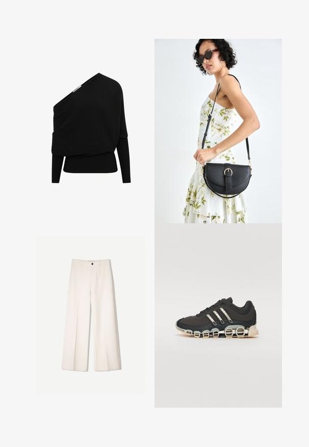 Crni rebrasti pulover s asimetričnim dizajnom bez ramena, dugim rukavima i teksturiranim materijalom. Ima uski donji rub.; Kreme hlače širokih nogavica s krojem koji je prilagođen, s dva prednja džepa i jednim prednjim zatvaranjem na gumb, izrađene od glatkog materijala.; Crne atletske tenisice s teksturiranim gornjim dijelom, tri srebrne pruge i posebnim potplatom s višestrukim integriranim sekcijama.; Crna kožna torba s lukovitim oblikom, odvojivim remenom i zlatnim detaljima. Torba ima preklop s kopčom.