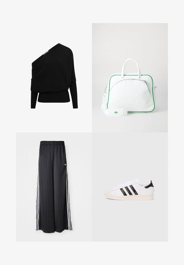 Czarny prążkowany sweter z asymetrycznym dekoltem bez rękawów, długimi rękawami i teksturowanym materiałem. Posiada dopasowany dół.; Czarne spodnie o szerokich nogawkach z pionowymi białymi paskami, elastycznym pasem i trzema białymi paskami po bokach. Logo Adidas z przodu.; Biała sneaker z czarnymi teksturowanymi paskami i akcentami; ma gumowy czubek, płaskie sznurowadła oraz wyściółkę wokół kostki.; Biała skórzana torba z zielonymi akcentami, z wyraźnym tłoczonym logo, podwójnymi uchwytami, odpinanym paskiem i zapinaną na zamek kieszenią z przodu.