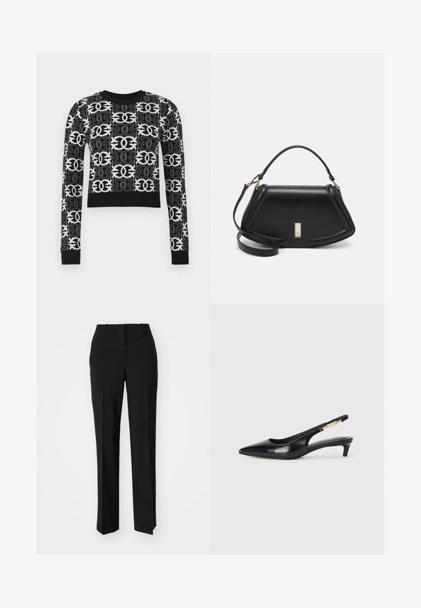 Černobílý zkrácený svetr s propracovanými geometrickými vzory, dlouhými rukávy a pevným černým žebrovaným výstřihem a manžetami.; Černé kalhoty na míru se střihem do rovna, které mají hladkou texturu a ostré sklady na přední straně. Bez viditelného kování.; Černé kožené boty na podpatku s otevřenou patou a špičatou špičkou, s tenkým podpatkem a zlatým akcentem na nastavitelném pásku. Hladký povrch.; Černá kožená kabelka se strukturovaným designem, jejíž tvar je zkrácený, má horní rukojeť a zlaté kovové detaily. Součástí je i nastavitelný ramenní popruh.