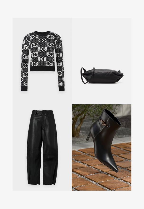 Sweater cortado em preto e branco com padrões geométricos intrincados, mangas longas e um decote e punhos canelados em preto sólido.; Calças de couro preto com um ajuste solto, apresentando um design de perna reta, bolsos frontais e detalhes de costura visíveis.; Bota de tornozelo em couro preto com bico fino e salto pequeno. Apresenta um detalhe em corrente dourada no tornozelo. Cercada por uma superfície de pedra texturizada.; Carteira de mão em couro preto com formato retangular, textura suave, alça de ombro fina e design minimalista.
