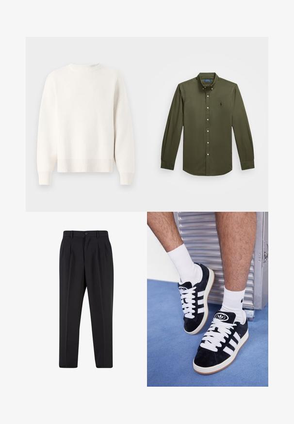 Pulover alb dintr-un fir tricotat, cu guler rotund, umeri lăsați și tiv ribat. Textură moale și croială lejeră.; Cămașă cu mânecă lungă și butoni în ton de verde măsliniu. Design cu guler și un logo brodat discret, cu închidere standard cu butoni pe partea din față.; Pantaloni negri cu un design față plisată, fabricați dintr-un material neted. Prezintă un închidere cu nasture și brâuri; croială dreptă.; Adidași negri din suede cu șireturi albe și trei dungi albe. Au un logo circular negru pe limbă și o talpă din cauciuc de tip gumă.