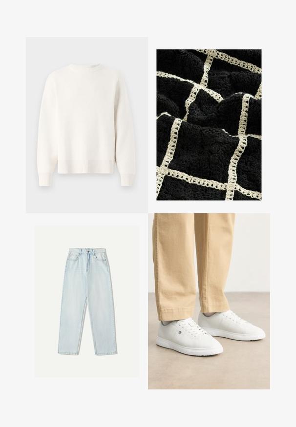 Weißer Strickpullover mit rundem Halsausschnitt, überschnittenen Schultern und geripptem Saum. Weiche Textur und lockerer Schnitt.; Schwarze, strukturierte Decke mit einem gewebten, cremefarbenen Gittermuster, erhöhten Blumendesigns und einer weichen, plüschigen Oberfläche.; Helle blaue Denim-Jeans mit lässiger Passform, geradem Beindesign, Fünf-Taschen-Stil und dezentem Verblassen des Stoffes.; Weiße Ledersneaker mit glatter Oberfläche, runde Zehenpartie, Schnürdesign und dezente Logo-Details an der Seite, kombiniert mit beigen Hosen.