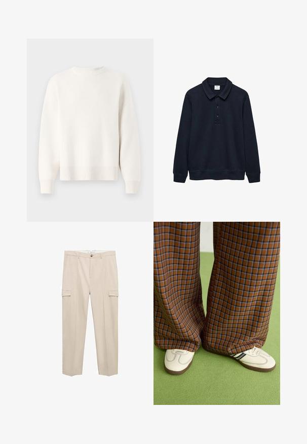 Witte gebreide trui met een ronde halslijn, verlaagde schouders en geribbelde zoom. Zachte textuur en losse pasvorm.; Marineblauwe polo met lange mouwen, gemaakt van een zacht materiaal, met een opgerolde kraag, drie knopen en ribgebreide manchetten en zoom.; Beige cargobroek met een rechte pijp. Heeft twee zijzakken met kleppen en een enkele knoopsluiting aan de voorkant. Gemaakt van glad katoen.; Bruine en blauwe geruite wijde broek, gecombineerd met witte schoenen met zwarte accenten en een gestructureerde zool, gezet tegen een groene achtergrond.