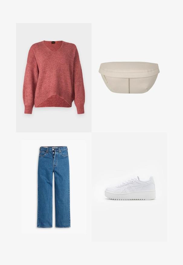 Oversized Pullover mit V-Ausschnitt in einem weichen, strukturierten Rosaton, mit gerippten Bündchen und Saum, und einem leicht kürzeren Rückendesign.; Blaue Denim-Jeans mit geradem Bein, hoher Taille, fünf Taschen und Knopfverschluss. Auffällige Nähte und Nieten in Kupferfarbe.; Weiße Plattform-Sneaker aus glattem Leder mit perforierten Details und flachen Schnürsenkeln; ausgestattet mit einer dicken weißen Gummisohle.; Beiger Stoffbeutel mit runder Form, flacher Oberseite und subtilen Nahtdetails. Enthält ein minimalistisches Logo und einen Seitengurt.