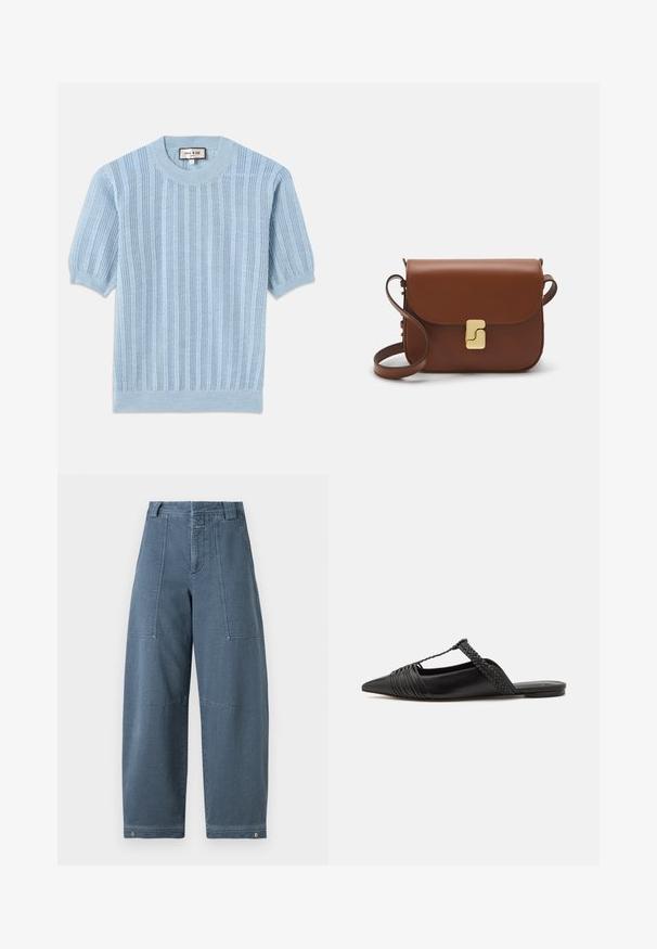 Pull en maille bleu clair à manches courtes avec une texture côtelée, un col rond et des détails cousus le long du corps.; Chemise à boutons en rayures bleu marine et blanches, à manches longues, avec une poche poitrine unique et un col classique, fabriquée en tissu léger.; Pantalons en denim à jambes larges dans une teinte bleu clair, présentant une surface texturée, deux poches avant et des coutures robustes à l'ourlet.; Chaussure en cuir noir à talon ouvert avec un bout pointu, présentant un accent tressé et un design supérieur plissé. Semelle plate avec un matériel minimal.; Sac à main en cuir marron avec une fermeture à rabat, des accents en métal doré, une bandoulière et une texture lisse. Forme rectangulaire compacte.