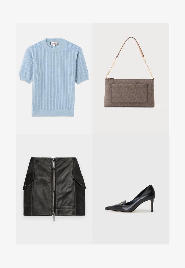 Svijetloplavi pleteni pulover kratkih rukava sa rebrastom teksturom, okruglim izrezom i šivenim detaljima duž tijela.; Crna kožna mini suknja s prednim patentnim zatvaračem, dva bočna džepa i glatkom teksturom. Sadrži pojačane šavove i strukturirani dizajn.; Crne kožne štikle s oštrim vrhom, niskim dekolteom i dekorativnim zlatnim naglaskom. Imaju štiklu i glatku teksturu.; Smeđi pravokutni Michael Korsu torba s ponavljajućim uzorkom loga, zlatna lančana traka s kožnim jastučićem za rame i prednji džep s imenom marke.