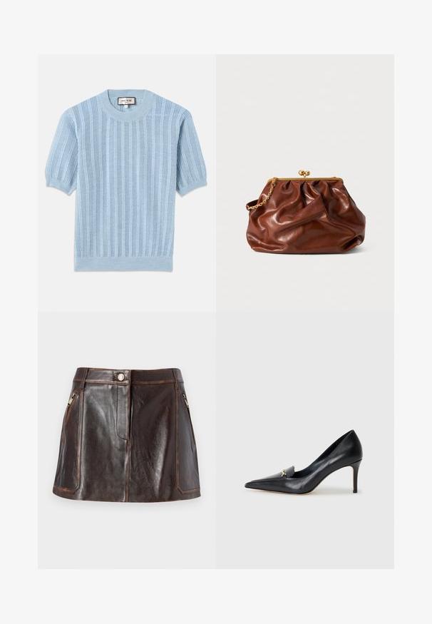 Hele sinine kudumiga lühikeste varrukatega sviiter, millel on sooniktekstuur, ümmargune dekoltee ja keha äärde õmmeldud detailid.; Pruun nahast miniseelik, millel on stiilne disain, kaks lukuga küljetaskut ja kontrastsed õmblused servade äärtes.; Mustmust musta kinga terava nina, madala lõikega vamp ja dekoratiivne kuldne aksessuaar. Omab stilettokandikut ja sileda tekstuuri.; Pruun nahast kätš koos kullast sulgemise raami ja lühikese kullast ketiga, millel on pehme, kogutud tekstuur valgel taustal.