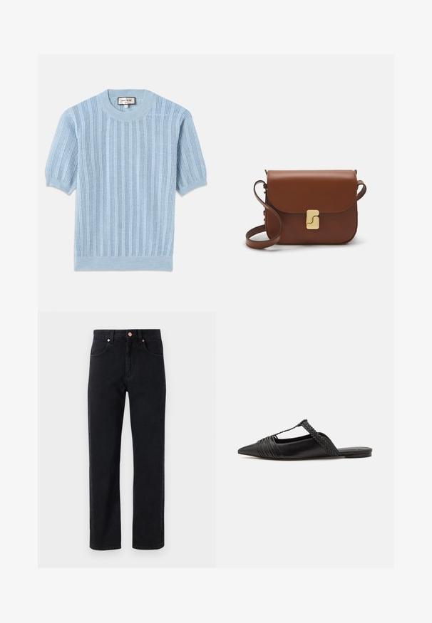 Ljusblå stickad kortärmad tröja med ribbat mönster, rund halsringning och sömdetaljer längs kroppen.; Svarta denimjeans med rak benpassform, femfickorsdesign, kopparknapparammen och minimal sömnad synlig.; Svart läderslingback-sko med spetsig tå, med en vävd detalj och plisserad överdel. Platt sula med minimal hårdvara.; Brun läderhandväska med klaffstängning, guldfärgad hårdvara, axelrem och en slät yta. Kompakt rektangulär form.