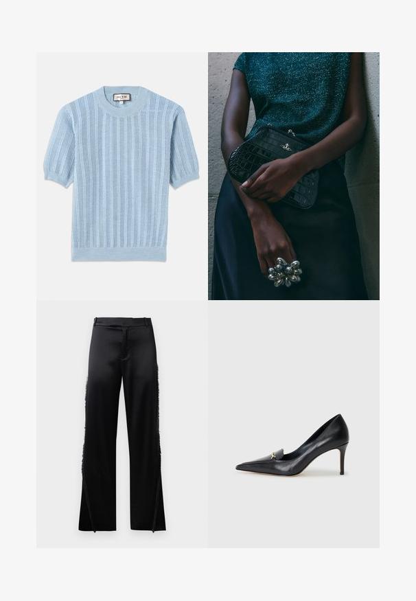 Lichtblauwe gebreide trui met korte mouwen, met rib structuur, ronde halslijn en gestikte details langs het lichaam.; Zwarte satijnen broek met brede pijpen, voorzien van franjes langs de zijnaden en een platte tailleband aan de voorkant. Eenvoudige achterkant zonder zakken.; Zwarte leren pump met een spitse neus, lage vamp en een decoratieve gouden accent. Voorzien van een stilettohak en een gladde textuur.; Zwarte clutch met krokodillenpatroon en zilverkleurige hardware, vastgehouden tegen een gestructureerde grijze achtergrond. Heeft een glanzend oppervlak.
