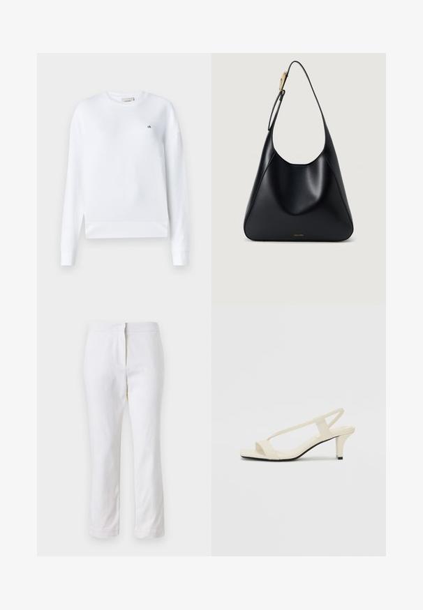 Calvin Klein REGULAR TERRY - Sweatshirt - bright white; Pantalons en coton blancs avec une coupe droite, dotés d'une taille mi-haute et sans matériel ou motifs visibles. Texture lisse sur l'ensemble.; Sandales beiges à talons carrés avec des fines brides et un bout carré. Matière lisse avec des détails minimaux, conçues pour un port facile.; Sac à épaule en cuir noir avec une texture lisse, une silhouette incurvée et un accent en métal doré. Présente un logo de marque en relief à la base.