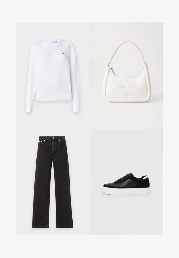 Calvin Klein REGULAR TERRY - Sudadera - bright white; Jeans anchos de mezclilla negros, con cintura alta, cinco bolsillos y cierre de botón metálico con costuras contrastantes.; Zapatilla negra con paneles de cuero liso y de ante, cordones planos, punta redondeada y una suela de goma blanca. Logotipo distintivo en el talón.; Bolso de mano de cuero blanco con forma curvada, con un logo "CK" en relieve en la parte delantera y una sola correa para el hombro. Cierre de cremallera en la parte superior.