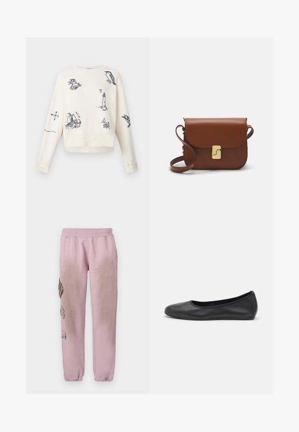 Sea CLYDE LIGHTHOUSE - Sweatshirt - cream; Pink sweatpants with an elastic waistband, featuring decorative patches in diamond shapes on the left side and elastic cuffs at the ankles.; Black leather ballet flat with a rounded toe, smooth texture, minimal stitching detail, and a flexible sole design.; Brown leather handbag with a flap closure, gold-tone hardware, a shoulder strap, and a smooth texture. Compact rectangular shape.