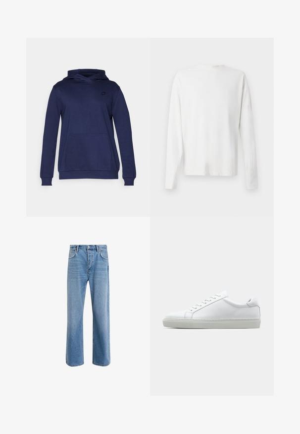 Felpa con cappuccio blu navy realizzata in tessuto morbido, con tasca anteriore, polsini a coste e un piccolo logo sul petto. Design semplice e rilassato.; Camicia bianca in cotone a maniche lunghe con scollatura rotonda, spacchi laterali in fondo e una texture liscia, mostrata da dietro.; Jeans in denim blu chiaro con design a gamba dritta, cinque tasche, chiusura con bottone, leggero sbiadimento e dettagli di cucitura a contrasto.; Sneaker bianco con tomaia in pelle liscia e profilo basso. Presenta una punta arrotondata, sei occhielli e una suola in gomma testurizzata.