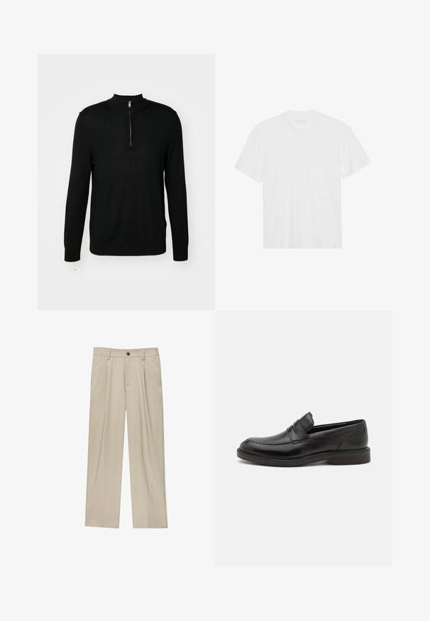 Zwarte gebreide trui met een hoge kraag en een halve rits. Lange mouwen en een aansluitend ontwerp, met een soepele textuur en minimale details.; Witte katoenen t-shirt met korte mouwen, ronde hals en rechte zoom. Gladde textuur, minimalistisch ontwerp zonder patrons of accenten.; Beige broek met een rechte snit, voorzien van een enkele zwarte knoop, riemlussen en zijzakken. Glad stoffen textuur en een minimalistisch ontwerp.; Zwarte leren loafers met een gestikte teendetail, dubbele horizontale banden over de bovenkant en een houten hak. Glad oppervlak en ronde vorm.