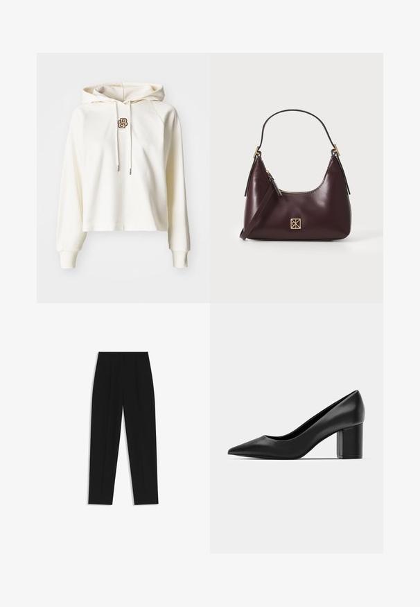 Kremowa bluza z kapturem i sznurkiem, z małym brązowym logo z przodu. Ma długie rękawy i skrócony fason. Miękka tekstura materiału.; Czarne spodnie o prostym kroju, z podwójnymi zakładkami, gładką teksturą i klasycznym krojem w talii. Bez widocznych elementów metalowych ani akcentów.; Czarne skórzane szpilki z ostro zakończonym noskiem i masywnym kwadratowym obcasem. Gładka tekstura, prosty design, odpowiednie na formalne okazje.; Burgundowa skórzana torebka o zaokrąglonym kształcie, z złotymi akcentami na elementach metalowych oraz zamknięciem na zamek błyskawiczny. Posiada odpinany pasek na ramię.