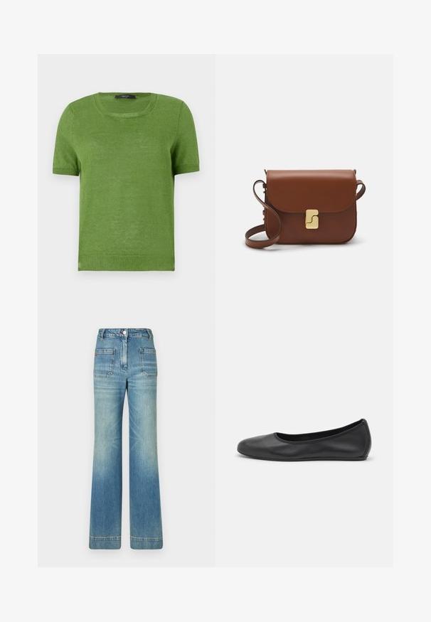 Zeleni kratkodlaki pleteni pulover s okruglim izrezom, s glatkom teksturom i rebrastim detaljima na rukavima i rubu.; Bijela majica s kratkim rukavima izrađena od rebraste tkanine. Okrugli izrez, klasičan kroj i suptilni detalji šivanja. Bez uzoraka ili grafika.; Svijetloplave traperice s flare krojem, pet džepova, petljama za pojas, zatvaranjem na gumb i blago izblijedjelom teksturom, s detaljem crvenog loga na stražnjoj strani.; Crne kožne baletanke s zaobljenim vrhom, glatke teksture, minimalnim detaljima šavova i fleksibilnim dizajnom potplata.; Smeđa kožna torba s preklopom, zlatnim detaljima, remenom za nošenje preko ramena i glatkom teksturom. Kompaktni pravokutni oblik.