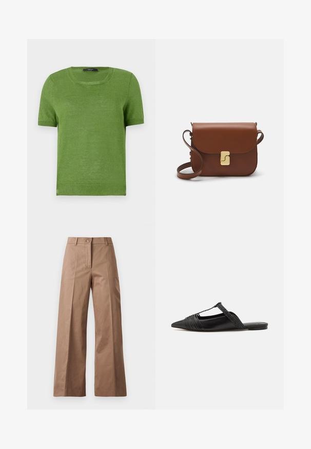 Grüner kurzärmeliger Strickpullover mit Rundhalsausschnitt, der eine glatte Textur und Rippakzente an den Ärmeln und am Saum aufweist.; Braune weite Hose aus einem glatten Stoff, mit einem Knopfverschluss vorne, zwei Fronttaschen und klaren, maßgeschneiderten Linien.; Schwarzer Leder-Slingback-Schuh mit spitzem Zehenbereich, ausgestattet mit einem geflochtenen Akzent und einem gefalteten Oberdesign. Flache Sohle mit minimalem Zubehör.; Braune Ledertasche mit Klappenverschluss, Beschlägen in Goldfarbe, einem Schultergurt und einer glatten Oberfläche. Kompakte rechteckige Form.