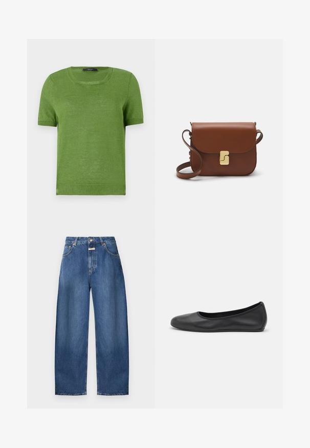 Vihreä lyhythihainen neulepaita pyöreällä kauluksella, jossa on sileä pinta ja ribbaustuet hihansuissa sekä helman ympärillä.; CLOSED JAZZIE - Leveälahkeiset - mid blue denim; Musta nahkainen ballerina, jossa on pyöristetty kärki, sileä pinta, minimaalinen ommelkoristelu ja joustava pohjamuotoilu.; Ruskea nahkainen käsilaukku, jossa on läppäkiinnitys, kultasävyiset yksityiskohdat, olkahihna ja sileä pinta. Kompaktin suorakaiteen muotoinen.