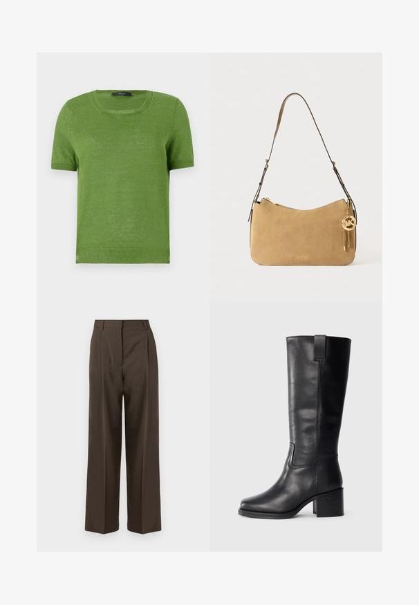 Green short-sleeve knitted sweater with a rounded neck, featuring a smooth texture and ribbed accents at the sleeves and hem.; Brown wide-leg trousers with a smooth texture, featuring a high waist, front pleats, and a tailored design. No visible pockets or embellishments.; Black leather knee-high boots with a smooth texture, square toe, block heel, and side pull tab, featuring minimal stitching details.; Tan suede shoulder bag with a curved shape, gold hardware, and zipper closure. Features an attached charm with the initials "MK."