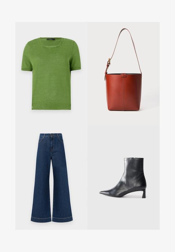 Green short-sleeve knitted sweater with a rounded neck, featuring a smooth texture and ribbed accents at the sleeves and hem.; Wide-leg blue denim jeans with a high waist, featuring a button closure, belt loops, and subtle stitching details along the pockets and hems.; Black leather ankle boot with a pointed toe and a sleek design. Features a low heel and a zipper closure at the back. Smooth texture.; Brown leather bucket bag with adjustable shoulder strap and gold-tone buckle, simple vertical seam detail on front.