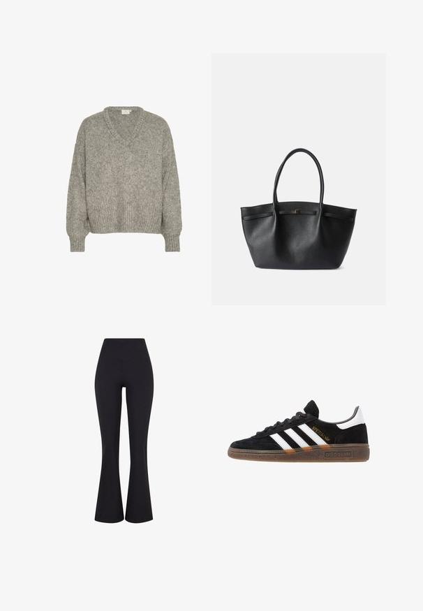 Jasnoszary sweter dzianinowy z dekoltem w serek, luźnym kroju, prążkowanymi mankietami i dołem. Wykonany z teksturowanej tkaniny o miękkim wyglądzie.; Czarne, wysokie spodnie w stylu dzwonów wykonane z elastycznej tkaniny. Posiadają gładką fakturę i dopasowany krój w okolicy bioder.; Czarny sneaker Adidas z białymi paskami, złotym napisem "Spezial", gumową podeszwą i białym elementem przy pięcie, przedstawiony w widoku z profilu.; Czarna torba na ramię z fakturowanej skóry, z dwoma uchwytami, prostokątnym kształtem i małym złotym akcentem z przodu. Brak dodatkowych szczegółów.