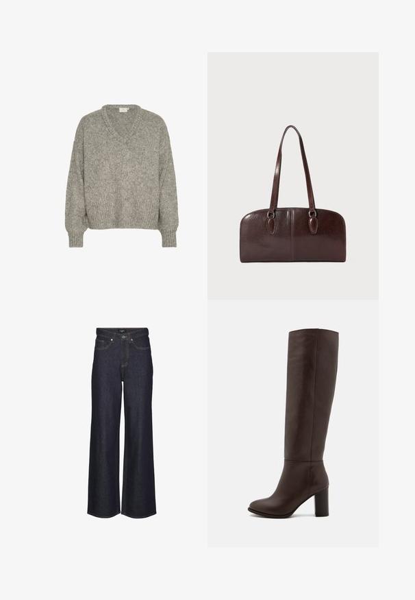 Šviesiai pilkas mezgimas su V formos iškirpte, laisvu pritaikymu, raštuotomis rankogaliais ir apačia. Pagamintas iš tekstūruotos medžiagos, turinčios švelnų išvaizdą.; Juos į viršų pakelti plačios kojelės džinsai tamsaus denimo. Savybės: klasikiniai siūlai, penki kišeniai ir mygtukų uždarymas priekyje.; Rudos odinės iki kelio bateliai su pločiu kulnu, lygiu paviršiumi, apvaliu nosiu ir minimaliais siūlų akcentais.; Ruda odinė rankinė su dviem ilgais rankenomis, struktūrinės stačiakampio formos, lygaus paviršiaus ir apvalintais kraštais. Yra akcentinės detalės ant rankenų.