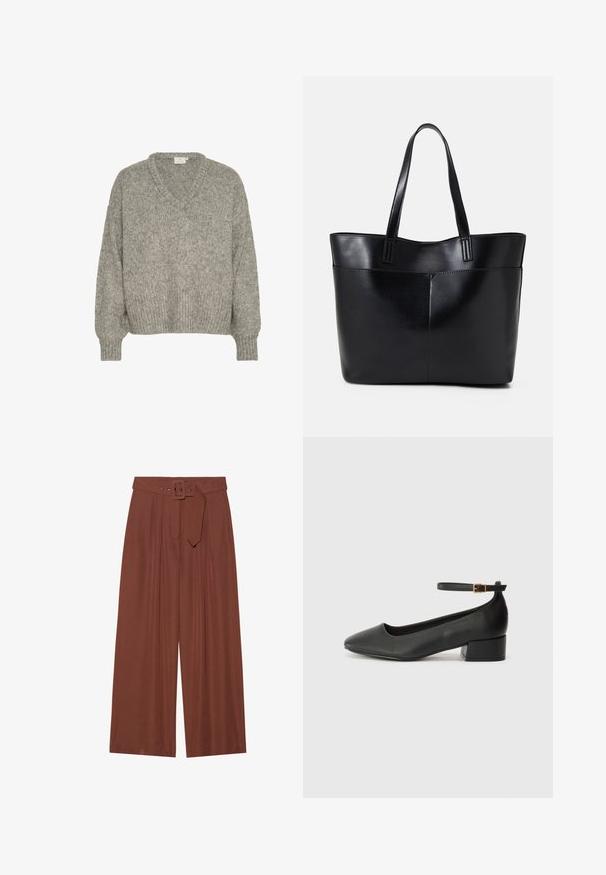 Világosszürke kötött pulóver V-nyakkivágással, laza szabású, bordás mandzsettákkal és alsó szegéllyel. Texturált anyagból készült, puha megjelenéssel.; Barna anyagból készült, széles szárú nadrág, négyzet alakú csattal ellátott övvel, redők kialakítással és sima textúrával.; Fekete bőr magassarkú cipő hegyes orral és alacsony tömb sarkal. Bokapánttal rendelkezik, aranyszínű csattal. Simább textúra.; Fekete bőr bevásárlótáska két hosszú fogantyúval, sima felülettel és strukturált formával. Elülső zseb található rajta a plusz tárolás érdekében.