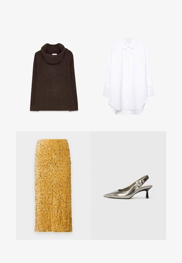 Brauner gestrickter Pullover mit hohem, umgeschlagenem Kragen. Verfügt über eine gerippte Textur und einen lockeren Schnitt, der sich gut zum Schichten eignet.; Weißes Langarm-Hemd mit Knopfleiste, spitzen Kragen und abgerundetem Saum, vor einem schlichten Hintergrund präsentiert.; Goldene Midi-Rock, der mit glänzenden Pailletten bedeckt ist, mit geradem Schnitt und hohem Bund vor einem weißen Hintergrund.; Metallisch silberner Slingback-Pump mit spitzer Zehe, kleinem schwarzen Absatz und Schnallen-Detail am Riemen. Glatte Ledertextur.