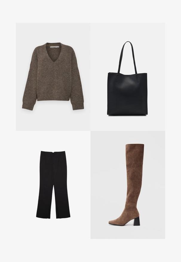 Ruskea, v-henkäinen neulepaita, jossa on pitkät, hieman pullistetut hihat, valmistettu teksturoidusta neuloksesta, ja se on lyhytmallinen.; Mustat housut suoralinjaisella leikkauksella, joissa on etutaskut ja sivurei'ät helman alla. Valmistettu pehmeästä ja sileästä kankaasta. Sopii eri tilaisuuksiin.; Sukkapituiset ruskeat saappaat pehmeästä mokasta, joissa on teräväkärkinen muotoilu ja jykevä musta korko. Suunnittelussa on saumaton ompelu, joka antaa tyylikkään ilmeen.; Mustapahkainen kangaskassi, jossa on sileä pinta, suorakaiteen muotoinen ja kaksi pitkää kahvaa. Ei näkyvää metalliosaa tai koristeita.