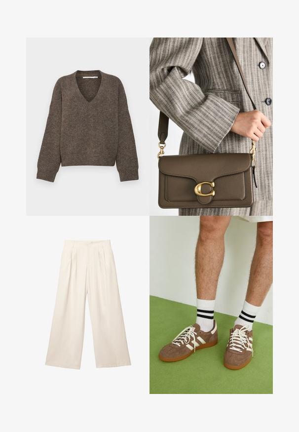 Rjav pulover z obliko v vratu, dolgimi rahlo napihnjenimi rokavi, izdelan iz teksturirane pletenine, s skrajšano silhueto.; Široke hlače v svetlo bež barvi z mehkega, teksturiranega materiala. Imajo sprednje gube in elastičen pas za sproščen videz.; Rjavi semiš športni čevlji z belimi detajli in vezalkami. Gumijast podplat. Nošeni z belimi nogavicami z črnimi črtami. Zelena teksturirana talna obloga.; COACH TABBY SHOULDER BAG 26 - Torbica - dark stone; Zlati verižni ogrlice z podolgovatimi, pravokotnimi členki. Nosi se preko črne srajce z čipkastim ovratnikom, kar razkriva gladko, polirano končno obdelavo.