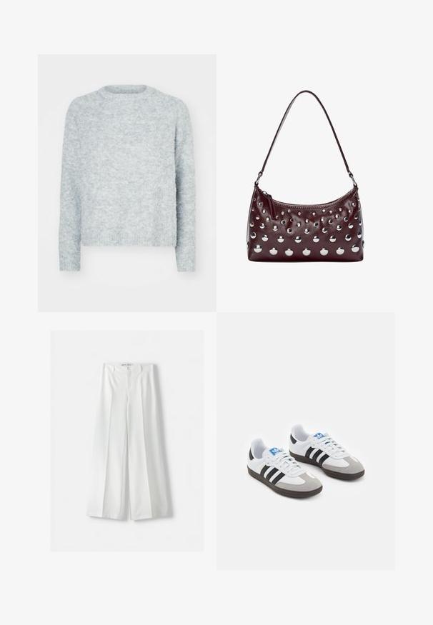 Vaaleanharmaa neulepaita, jossa on pyöreä kaula-aukko, pitkät hihat ja pehmeä, tekstuuri pinta. Ei näkyviä kuvioita tai metalliyksityiskohtia.; Tummanharmaa hihaton toppi ohuilla olkaimilla, jossa on kukkakuvioinen pitsireunus kaula-aukon ympärillä. Sileä kangas, rento istuvuus ilman lisäyksityiskohtia.; Bershka WIDE-LEG TAILORED - Housut - white; Urheilukengät, joissa on valkoinen nahkainen päällinen, harmaa mokkanokka ja kolme mustaa raitaa. Ominaisuuksina sininen logo kielekkeessä ja kuvioitu kumipohja.; Bagsi burgundi nahkaa, jossa on pyöreä muoto, metallisia ympyränappeja ja vetoketjulla suljettava yläosa, joka on varustettu yhdellä olkahihnalla.