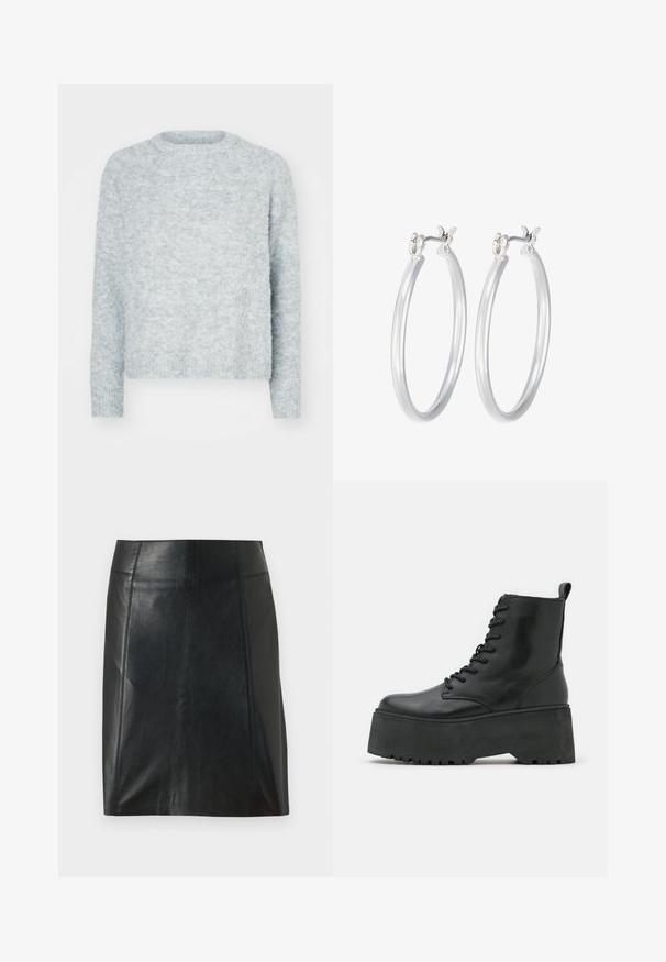 Heledad hallhall kaelusega heledat halli värvi kampsun, pikkade varrukatega ja pehme, tekstuurse viimistlusega. Ei ole nähtavaid mustreid ega metalldetailide.; Mustast nahast seelik, millel on kohandatud disain. Sile tekstuur, õmblused, mis rõhutavad vormi, ja sirge äär. Minimalistlik ja stiilne välimus.; Mustad mustad kingad paksu platvormi tallaga, valmistatud siledast nahast, nööpide ja taga tõmbeauguga.; Hõbedased rõngaskõrvarõngad, millel on sile, läikiv viimistlus. Ümmargune kuju ja turvaline klõpsulatus. Kerge disain, sobib igapäevaseks kandmiseks.