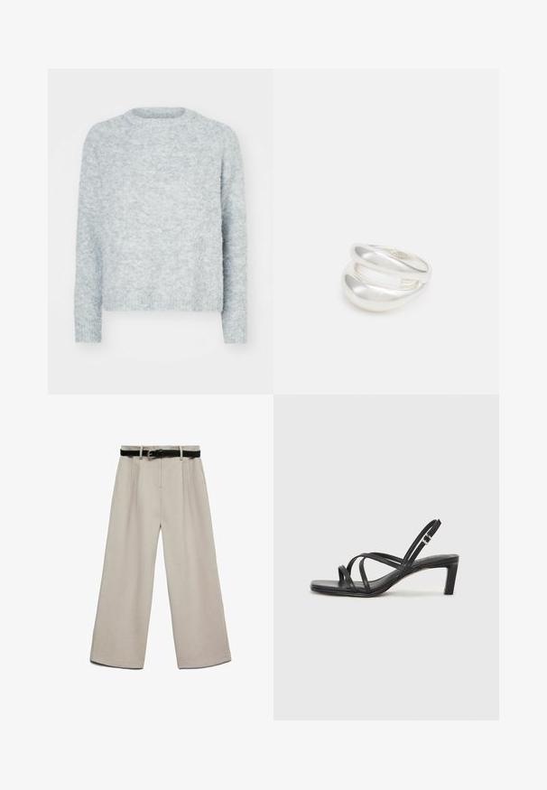 Helles graues Pullover mit Rundhalsausschnitt, langen Ärmeln und einer weichen, strukturierten Oberfläche. Keine sichtbaren Muster oder Hardware-Details.; Beige Hosen mit weitem Bein, glatter Textur, vorne plissiert und einem schwarzen Gürtel mit silberner Schnalle zum Verschließen.; Schwarze Sandale mit Riemchen, quadratischer Zehenform und niedrigem Blockabsatz. Verfügt über mehrere dünne Riemen und einen verstellbaren Knöchelriemen. Hergestellt aus glattem Leder.; Silberner Doppelring mit einer glatten, polierten Oberfläche. Verfügt über ein fließendes, kurviges Design mit überlappenden Abschnitten für einen modernen Look.