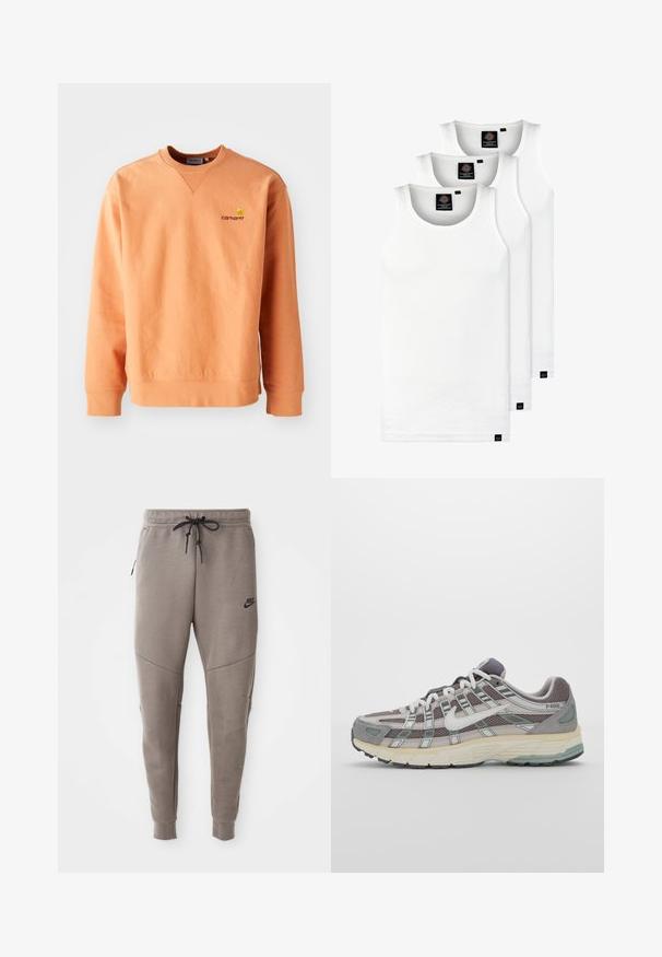 Oranžová mikina s dlhými rukávmi a okrúhlym výstrihom. Pružné manžety a spodný lem, s malým žltým logom Carhartt na hrudi. Mäkkučká textúra.; Tri biele rebrované tielka vyrobené z bavlny. Majú okrúhly výstrih a malé čierne štítky pri leme. Dostupné v rôznych veľkostiach.; Sivé tepláky Nike s nastaviteľným pásom, zúženými nohavicami, bočnými vreckami a výrazným švom. Mäkká, textúrovaná látka.; Šedá športová obuv so zvrškom z nylonu a semišu, bielymi akcentmi, polstrovanou podrážkou a jedinečným dizajnom s reflexnými prvkami.