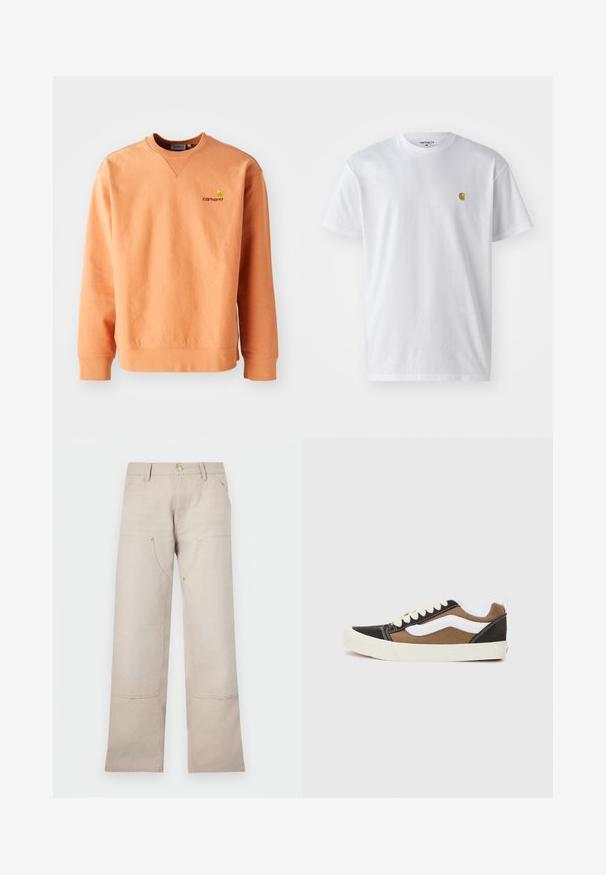 Orange Sweatshirt mit langen Ärmeln und Rundhalsausschnitt. Rippbündchen und Saum, mit einem kleinen gelben Carhartt-Logo auf der Brust. Weiche Textur.; Weißes Baumwoll-T-Shirt mit kurzen Ärmeln, Rundhalsausschnitt, mit einem kleinen goldenen Logo im linken Brustbereich. Weicher Stoff und normale Passform.; Beige Baumwollhosen mit einem geraden Bein-Design, ausgestattet mit zwei Vordertaschen und zwei Reißverschluss-Akzenten. Goldfarbene Hardware setzt Akzente.; Schwarze und braune Sneakers mit weißen Akzenten, aus Canvas-Material, im Low-Top-Design, runder Zehenbereich und beiger Gummisohle. Mit kontrastierenden Nähten.