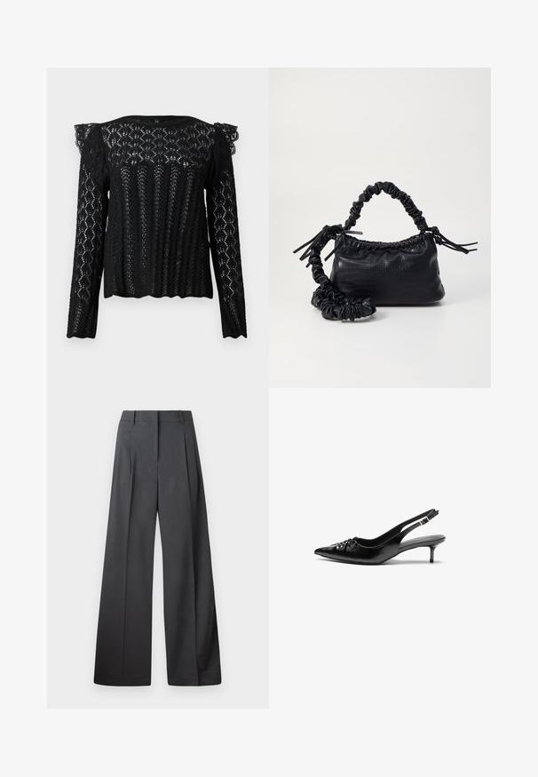Melna garu piedurķu mežģīņu blūze ar sarežģītiem ģeometriskiem rakstiem un ruffled detaļām plecos, viļņotu apakšmalu un aprocēm.; Platās kājas bikses tumši pelēkā audumā, ar augstu jostasvietu, ar vienu uzpūstu vīli un gludu tekstūru ar tīru apdari ap malām.; Melni ādas sandales ar norādītu pirkstu, mazu kaķa papēdi un dekoratīvu mezglu detaļu priekšā. Gluda tekstūra visā virsmā.; Melnā mākslīgās ādas rokassoma ar krokodila rakstu, savilkta augšdaļa un saburzīta siksna. Izskatās mīksta un kompakta pēc dizaina.