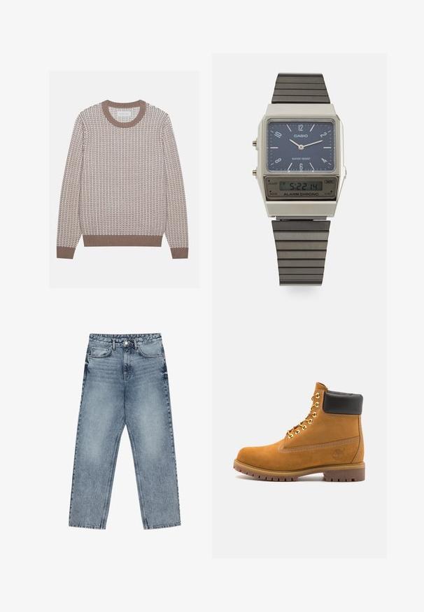 Pull à col rond beige avec un motif en tricot texturé, des accents clairs contrastants et des poignets et un ourlet côtelés. Tissu doux avec une coupe décontractée.; Jean en denim bleu clair avec une coupe droite, couture visible, design à cinq poches et fermeture à bouton à la taille.; Bottine en daim beige avec un col rembourré noir, œillets en métal doré, détails de surpiqûres blanches et semelle en caoutchouc robuste avec des crampons prononcés.; Montre numérique Casio avec un cadran bleu, un boîtier en acier inoxydable et un bracelet en caoutchouc noir à couches. Affiche l'heure et les réglages de l'alarme. Résistante à l'eau.