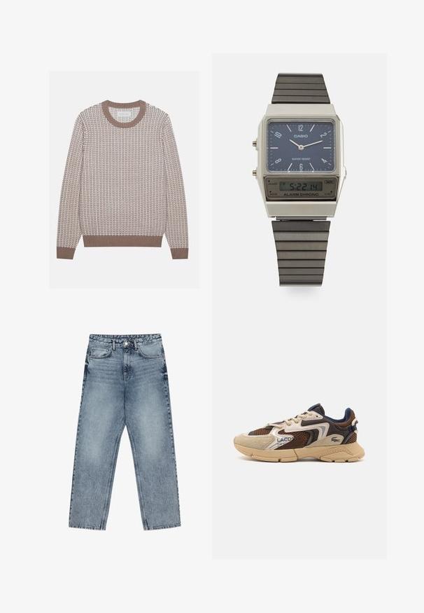 Beige genser med rund hals og strukturert strikkemønster, kontrasterende lyse detaljer, samt ribbestrikkede mansjetter og kant. Mykt stoff med en avslappet passform.; Lys blå denimjeans med rett benkutt, synlige sømmer, fem lommers design og knappelukking i livet.; Beige og brun sneaker med teksturerte mesh-paneler, semsket skinndetaljer, og gummisåle. Har snøring og merkeinformasjon.; Casio digital klokke med blå urskive, sølvfarget kasse og lagdelt svart gummirem. Viser tid og alarminnstillinger. Vanntett.